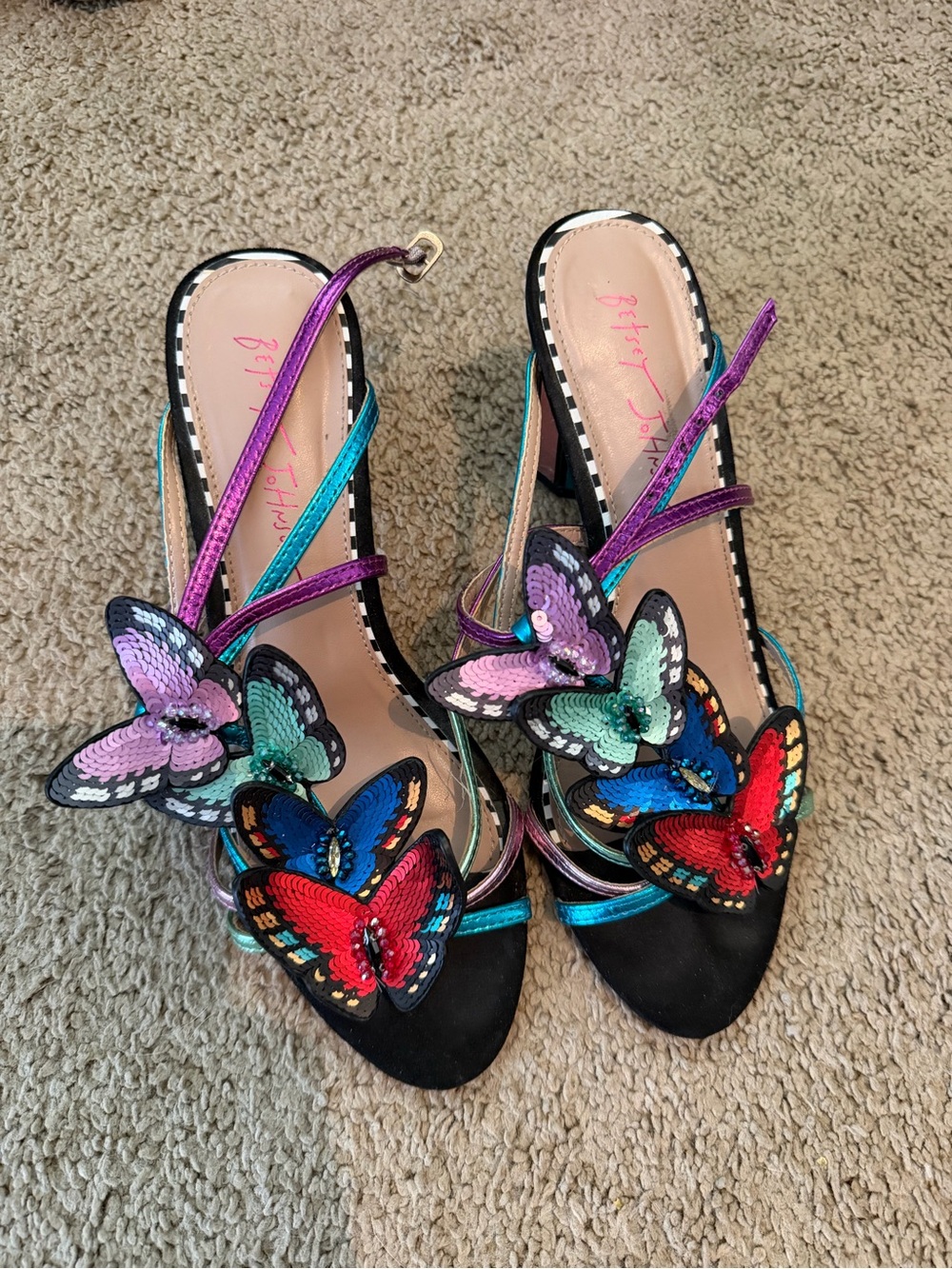 Betsey Johnson Black Strappy Sandals with Multicolor Sequin Butterflies